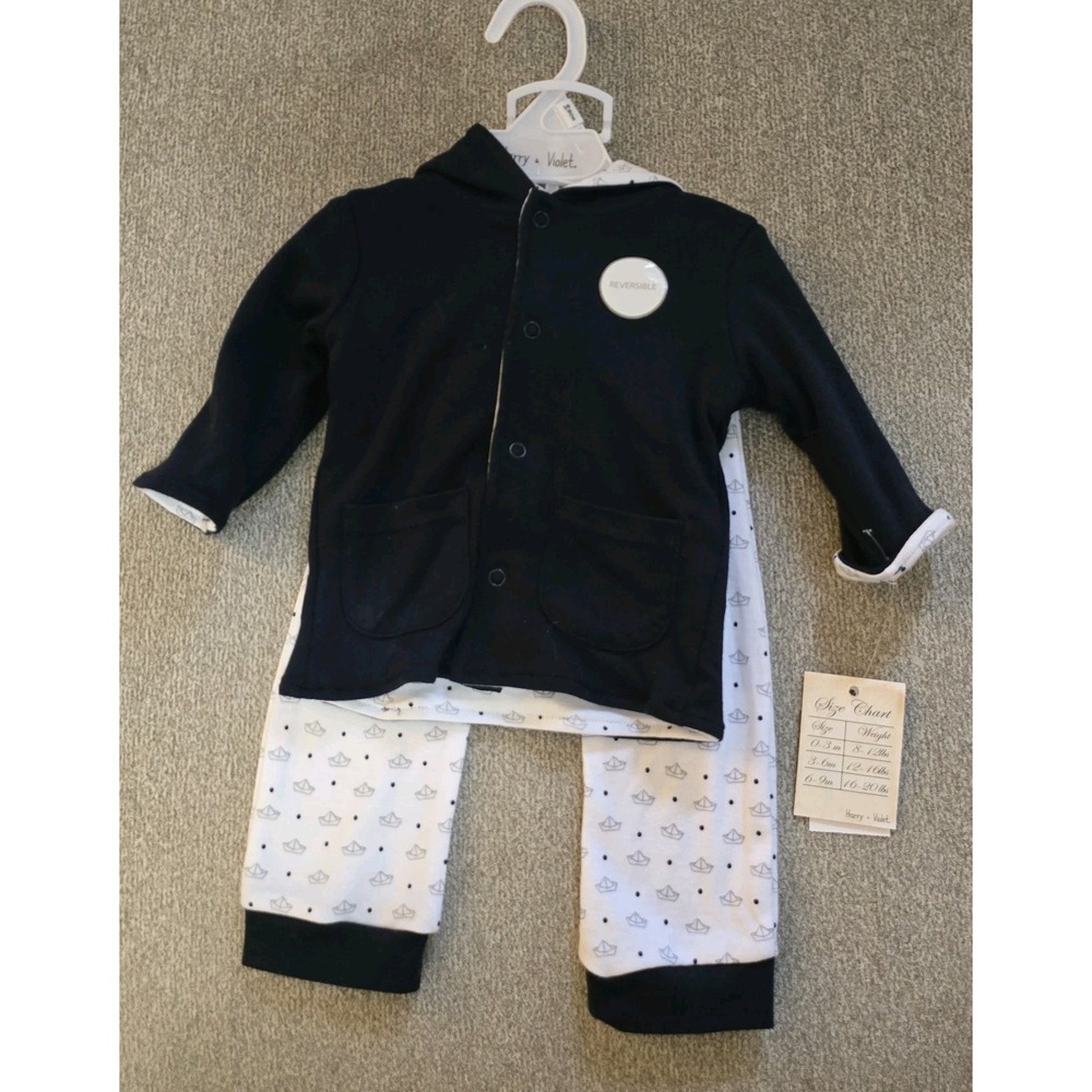 Harry & Violet 2 piece Boys outfit Sz 3/6mo navy White Sailboats Reversable